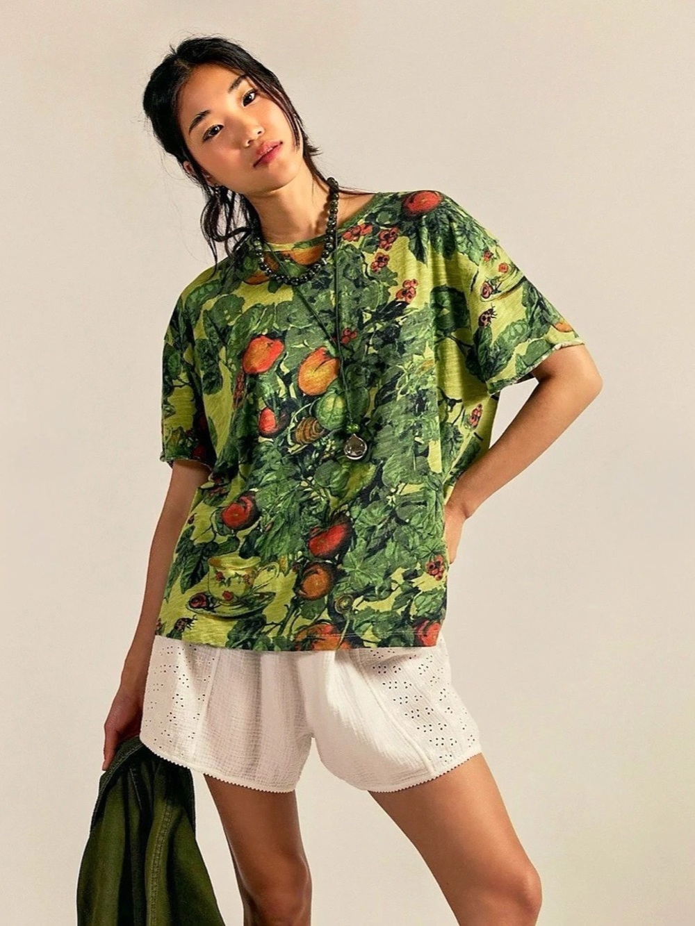 We The Free Sunshade Tee Floral Short Sleeve Green & Red Sz XL